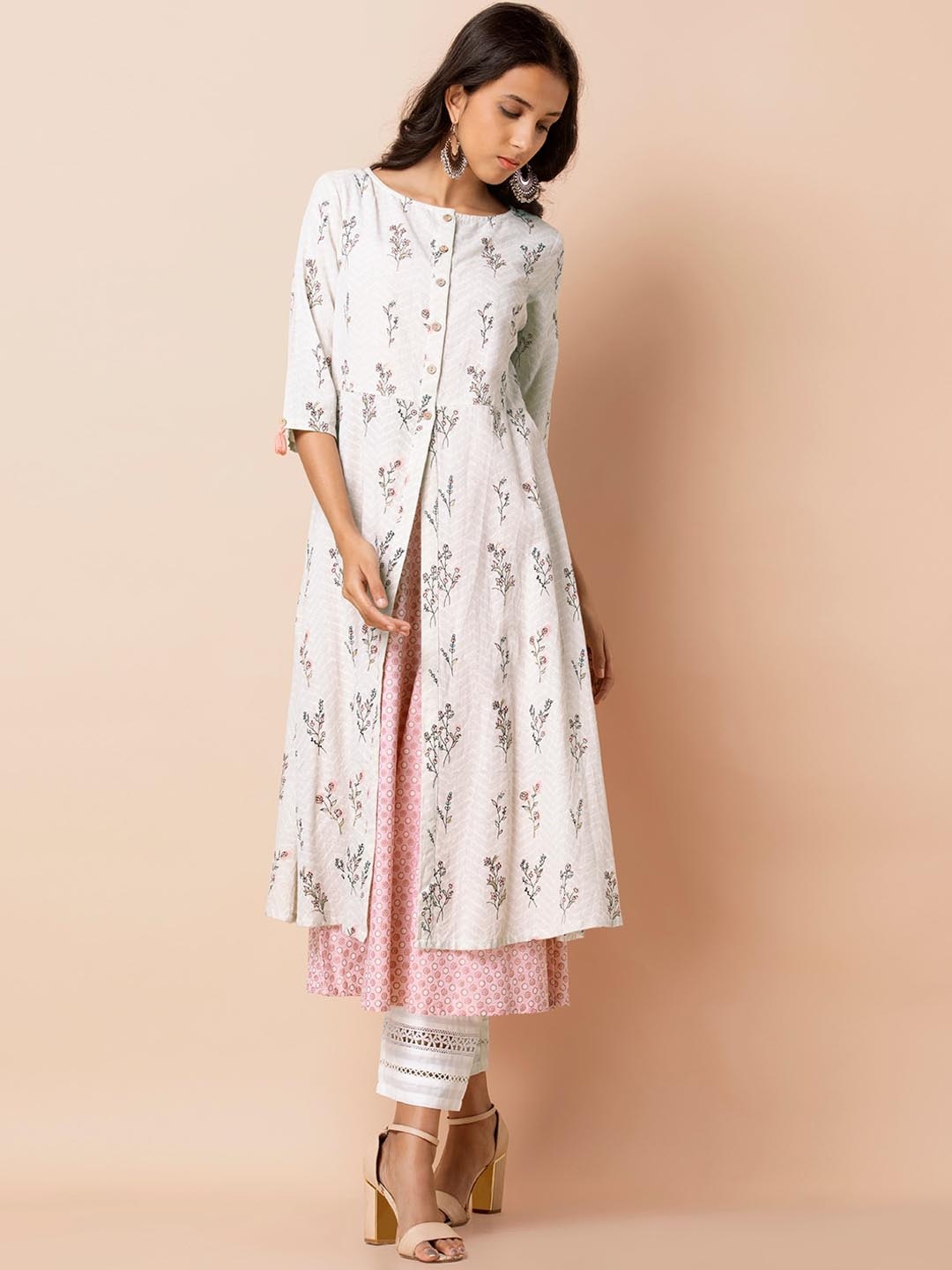 

INDYA Women White & Pink Printed A-Line Layered Kurta