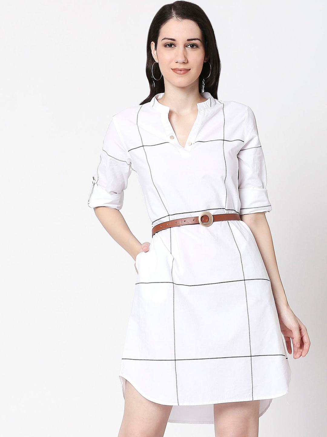 

TERQUOIS Women White Checked Shirt Dress