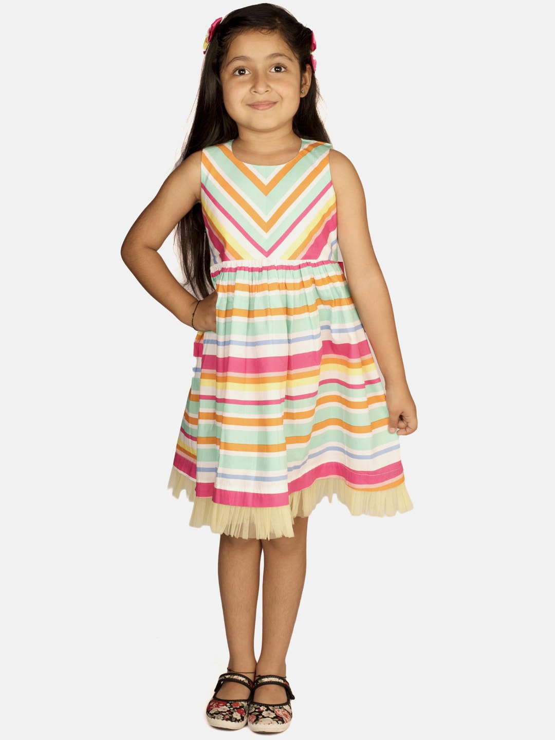

RIBBON CANDY Girls Orange & Sea Green Striped Fit and Flare Dress
