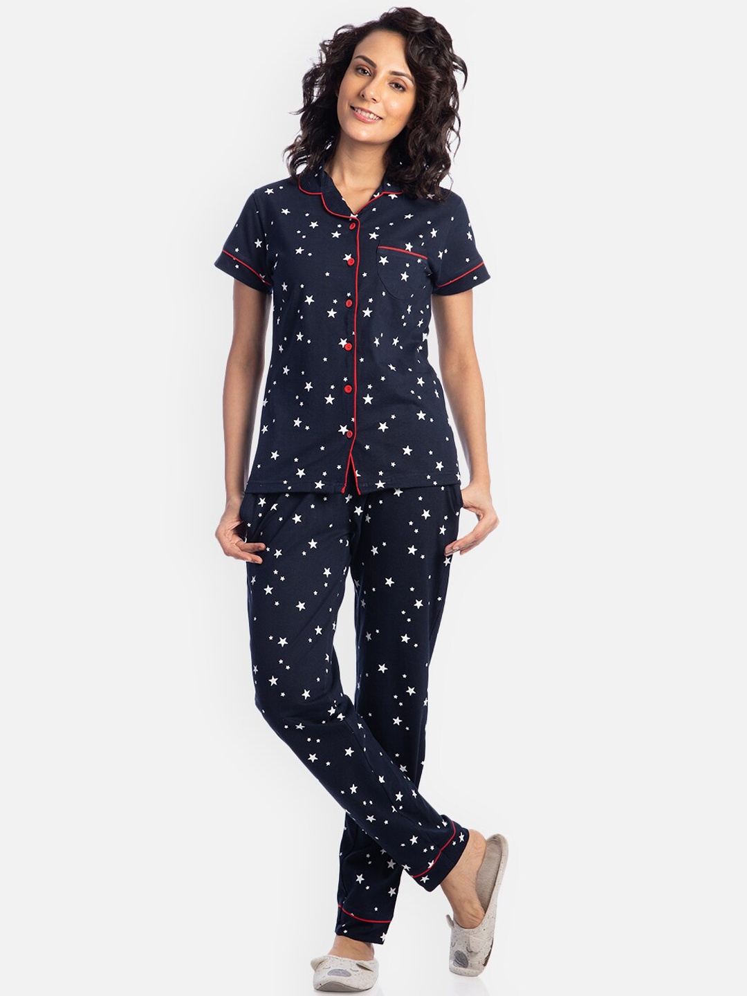 

Nite Flite Women Navy Blue & White Printed Night suit