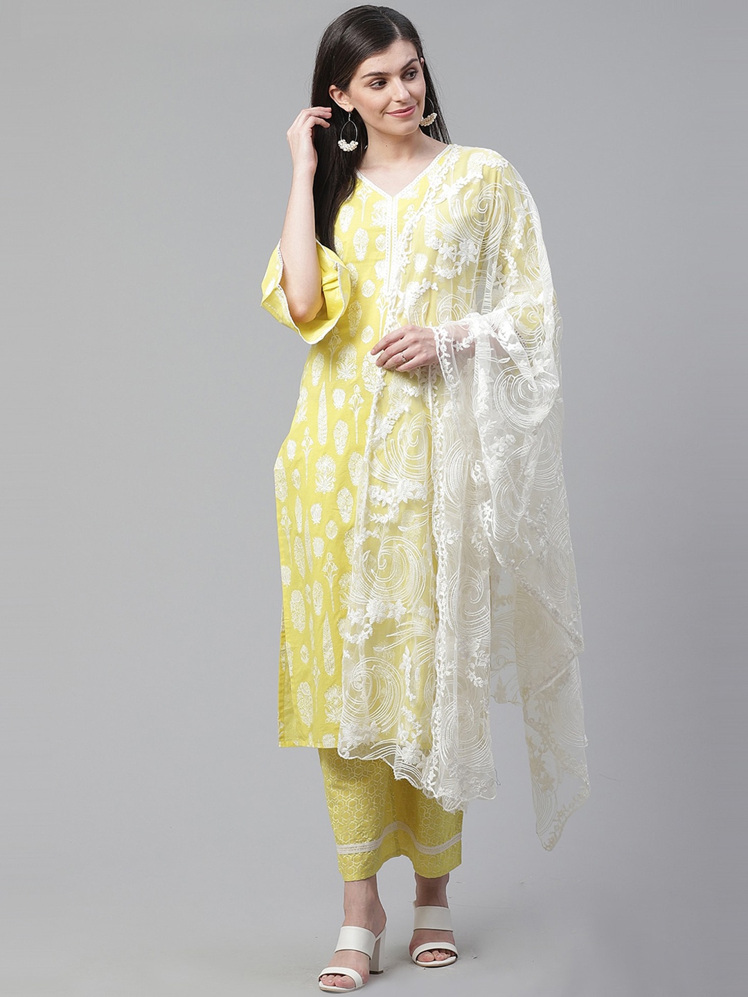 Indo Era Women Yellow & White Embroidered Kurta with Churidar & Dupatta