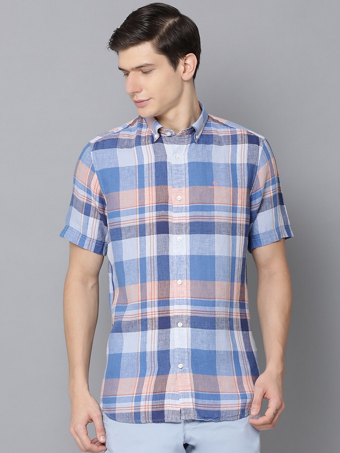 

GANT Men Blue & Peach-Coloured Regular Fit Checked Casual Shirt