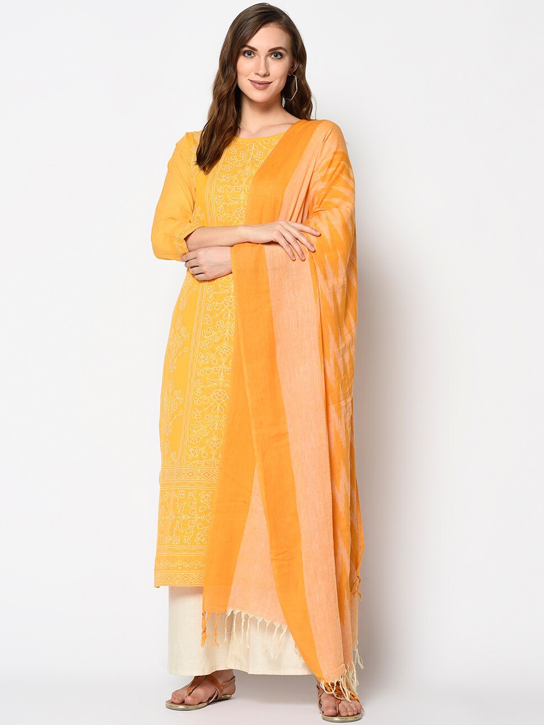 

DIVASTRI Yellow & White Cotton Blend Unstitched Dress Material
