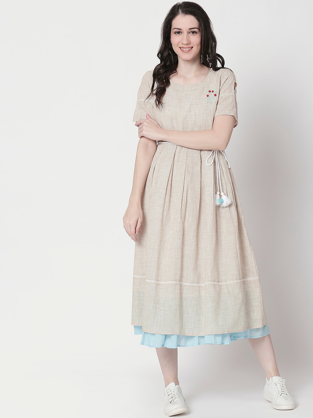 

TERQUOIS Women Beige Checked Fit and Flare Dress