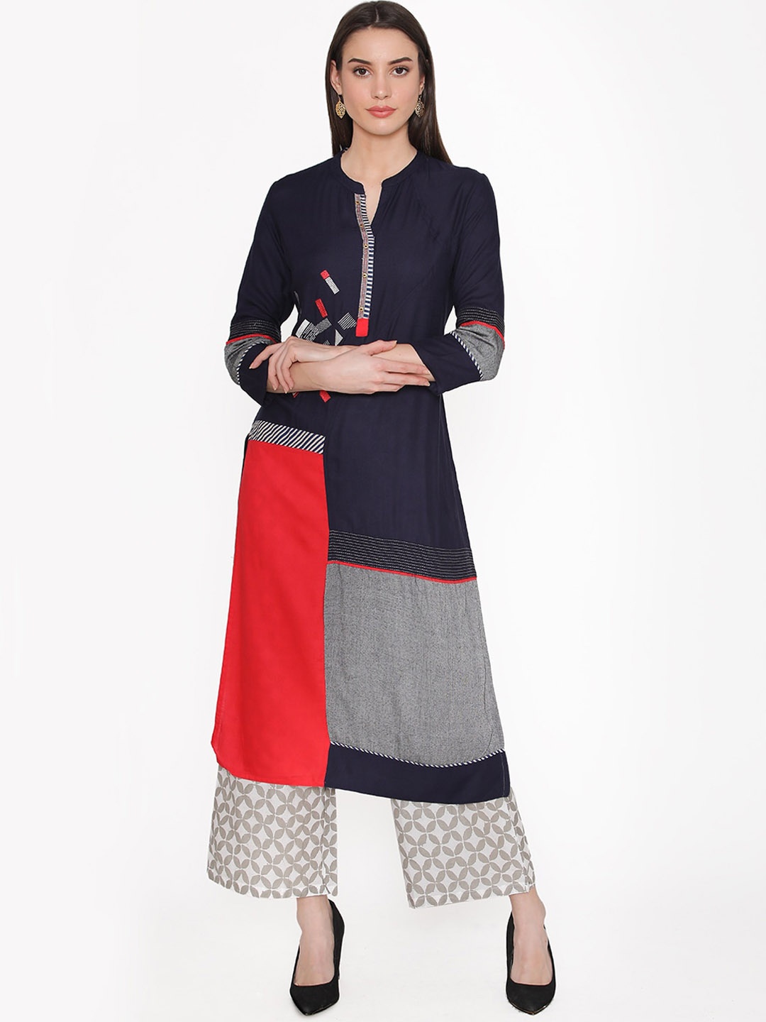 

Kifahari Women Navy Blue & Grey Colourblocked Kurta with Palazzos