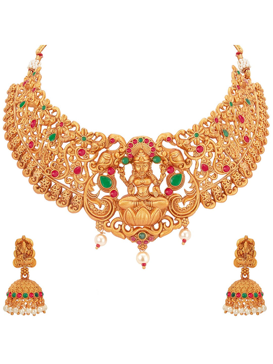 

Sukkhi Gold-Plated Pink & Green Stone-Studded Beaded Temple Jewellery Set