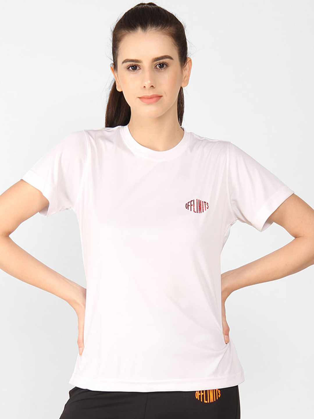 

OFF LIMITS Women Off-White Solid Round Neck T-shirt