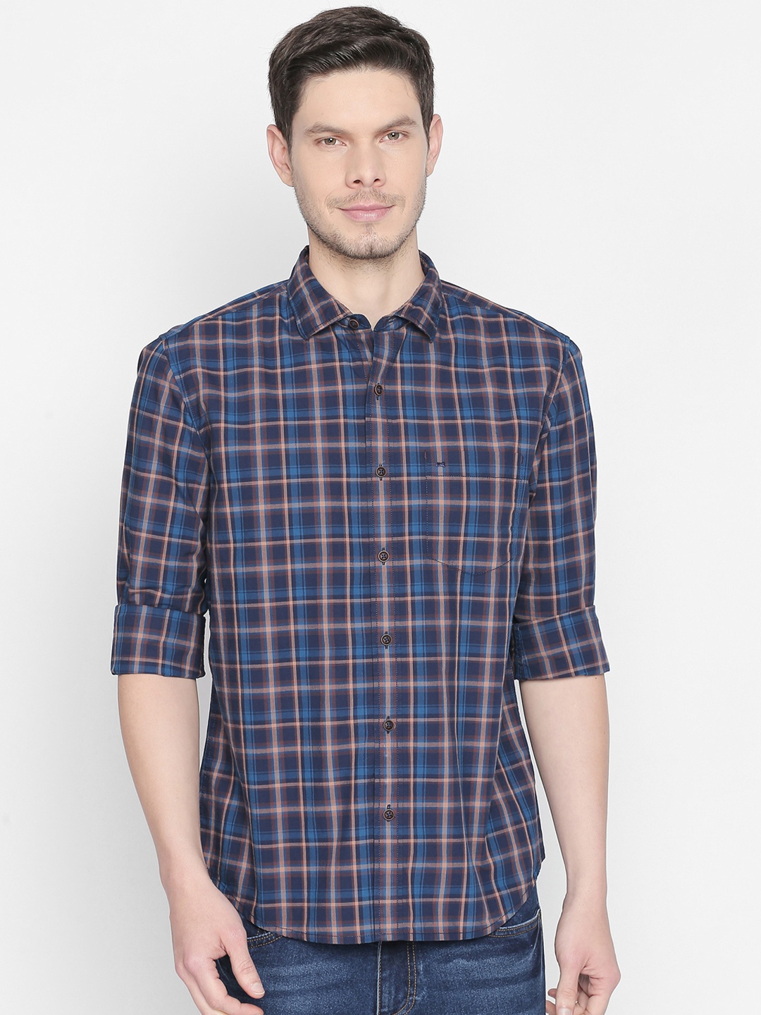 

Basics Men Navy Blue & Brown Slim Fit Checked Casual Shirt