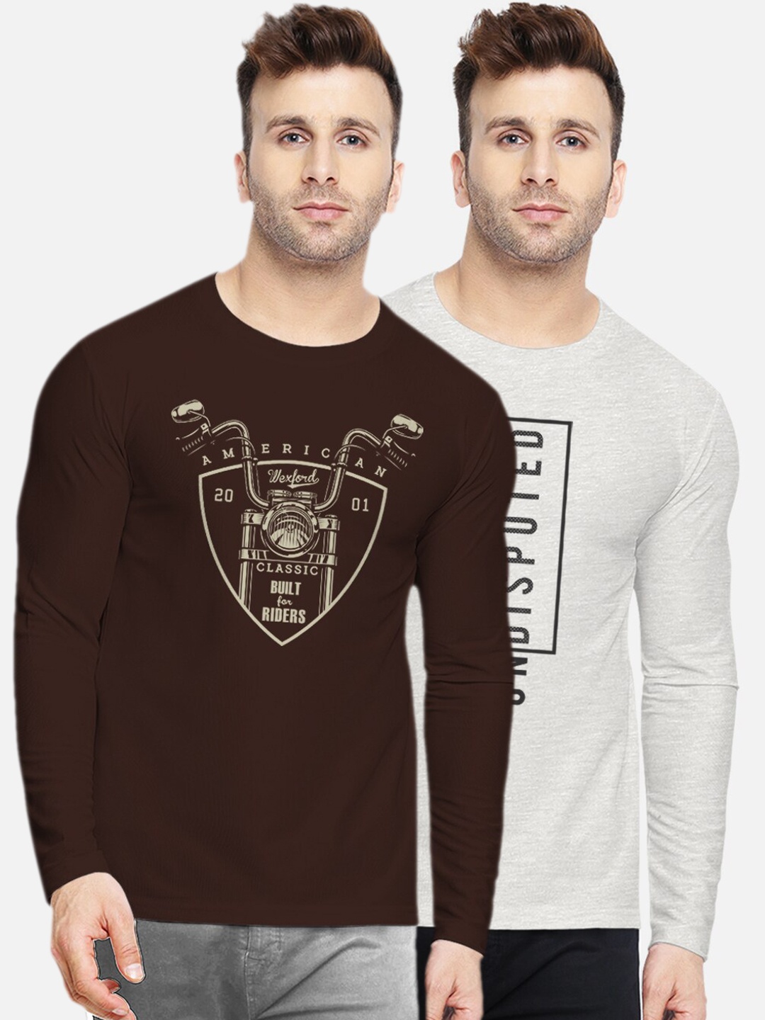 

BULLMER Men Pack Of 2 Printed Round Neck Pure Cotton T-shirt, Brown