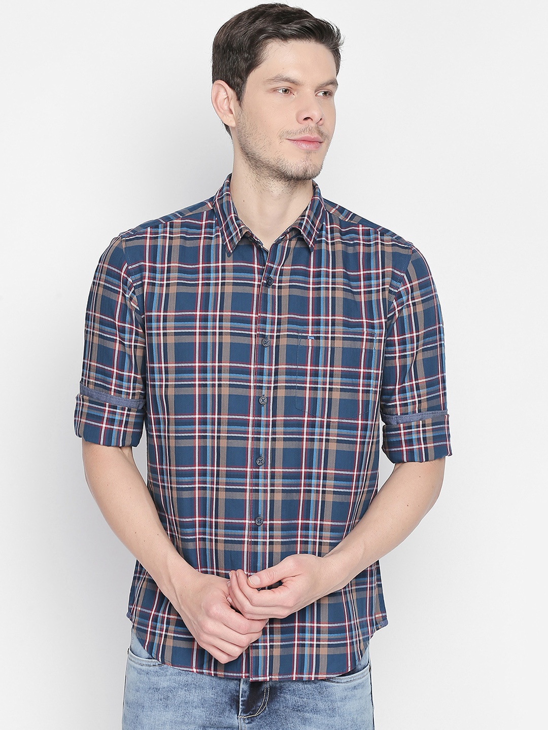 

Basics Men Blue Slim Fit Checked Casual Shirt