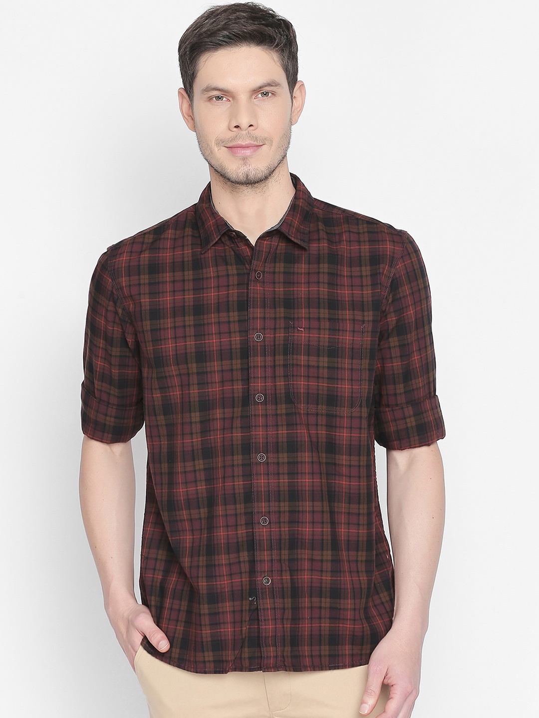 

Basics Men Brown & Black Slim Fit Checked Casual Shirt