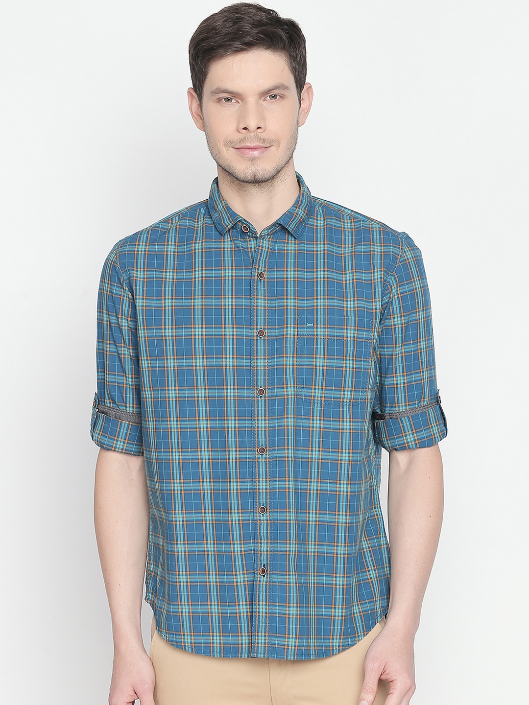 

Basics Men Turquoise Blue & Yellow Slim Fit Checked Casual Shirt