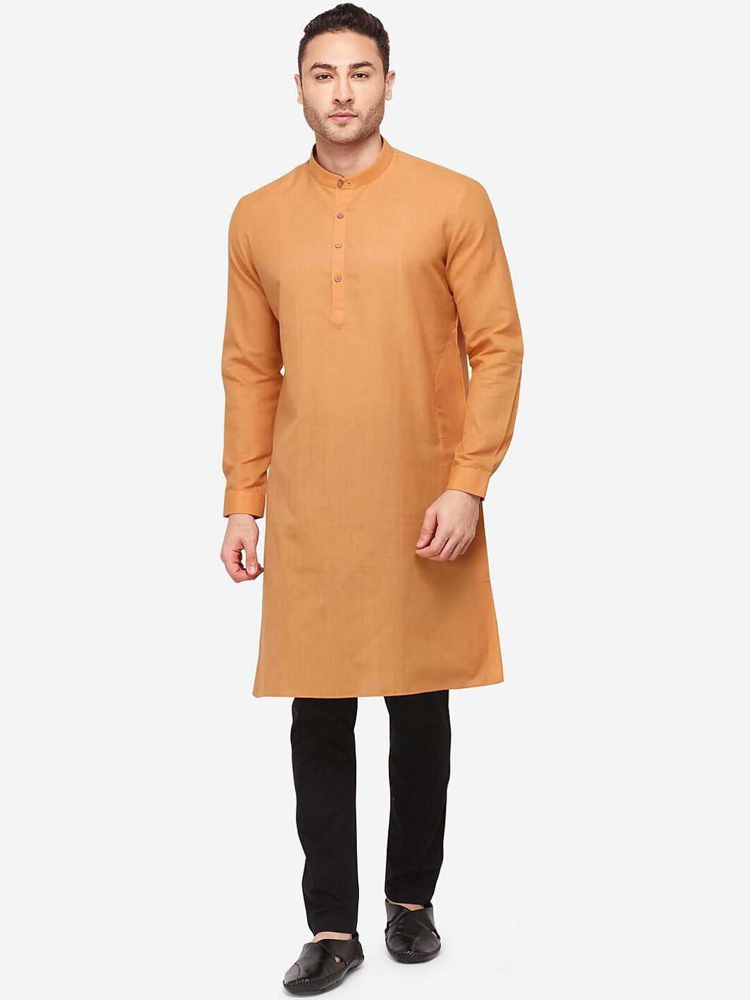 JADE BLUE Men Orange Solid Straight Modi Kurta