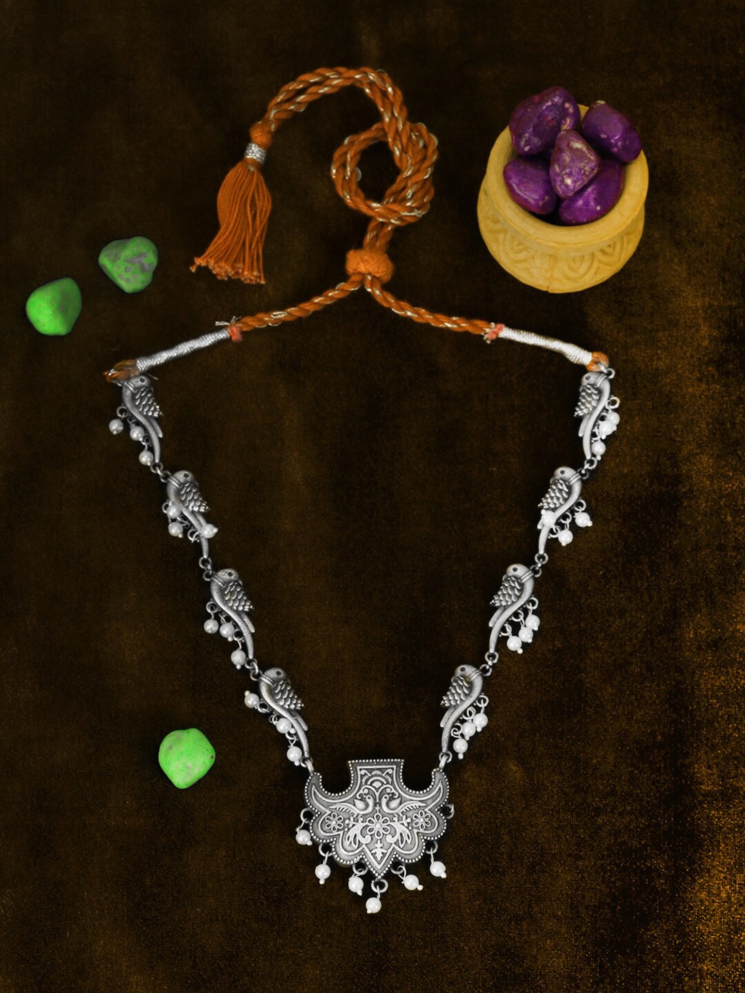 

Adwitiya Collection Silver-Plated Oxidised Peacock Design Necklace