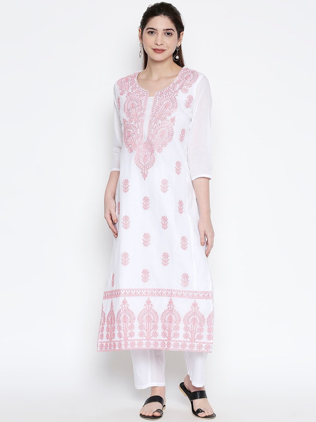 

ZRI Women White & Pink Embroidered Kurta with Trousers