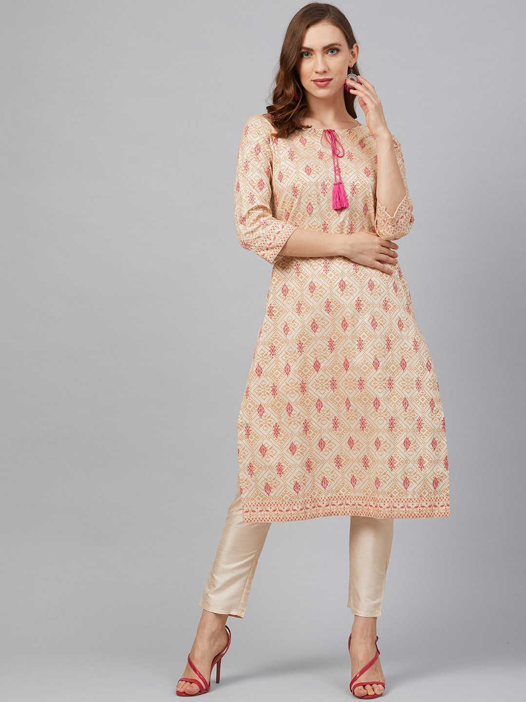

ZIYAA Women Cream-Coloured Printed A-Line Kurta