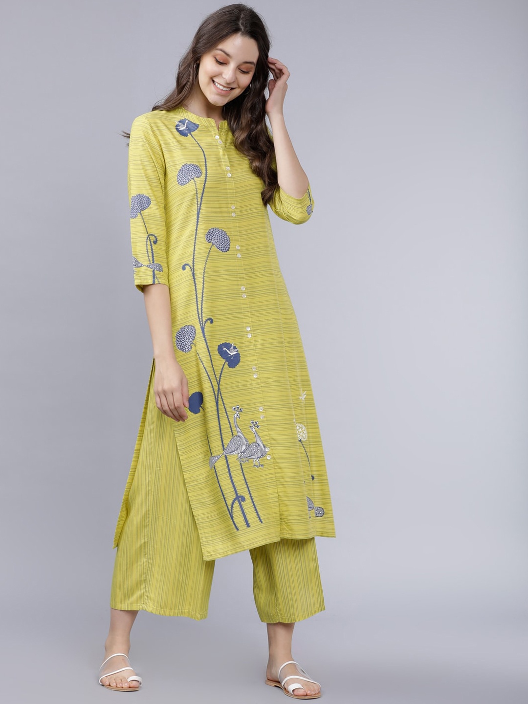 

Vishudh Women Lime Green Printed Kurta with Palazzos