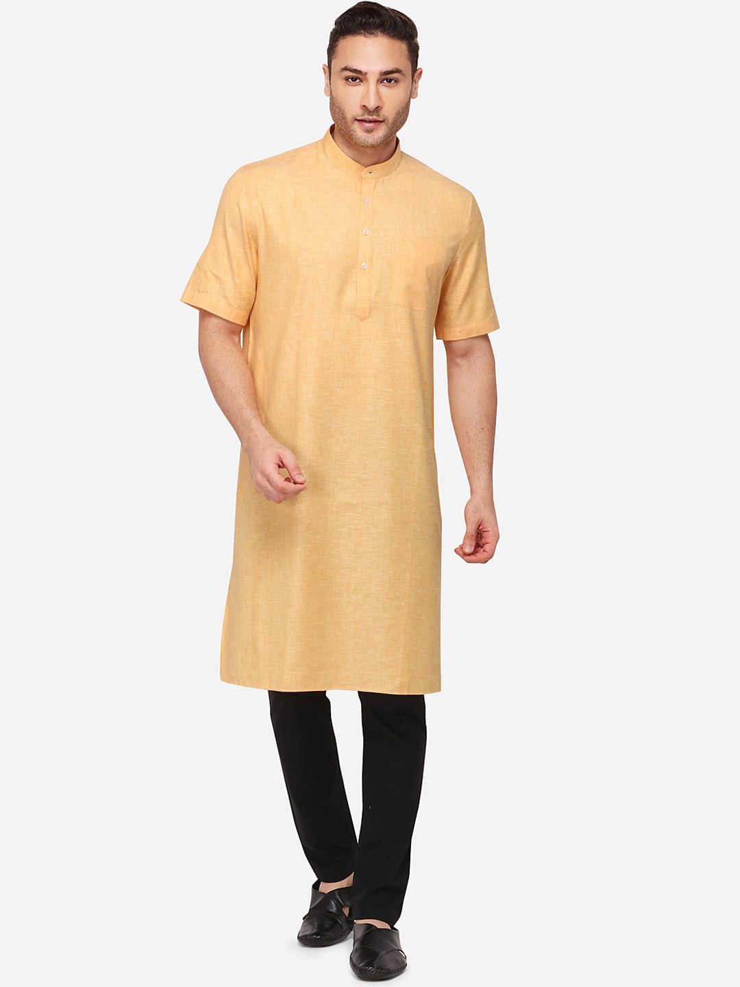JADE BLUE Men Orange Solid Straight Modi Kurta