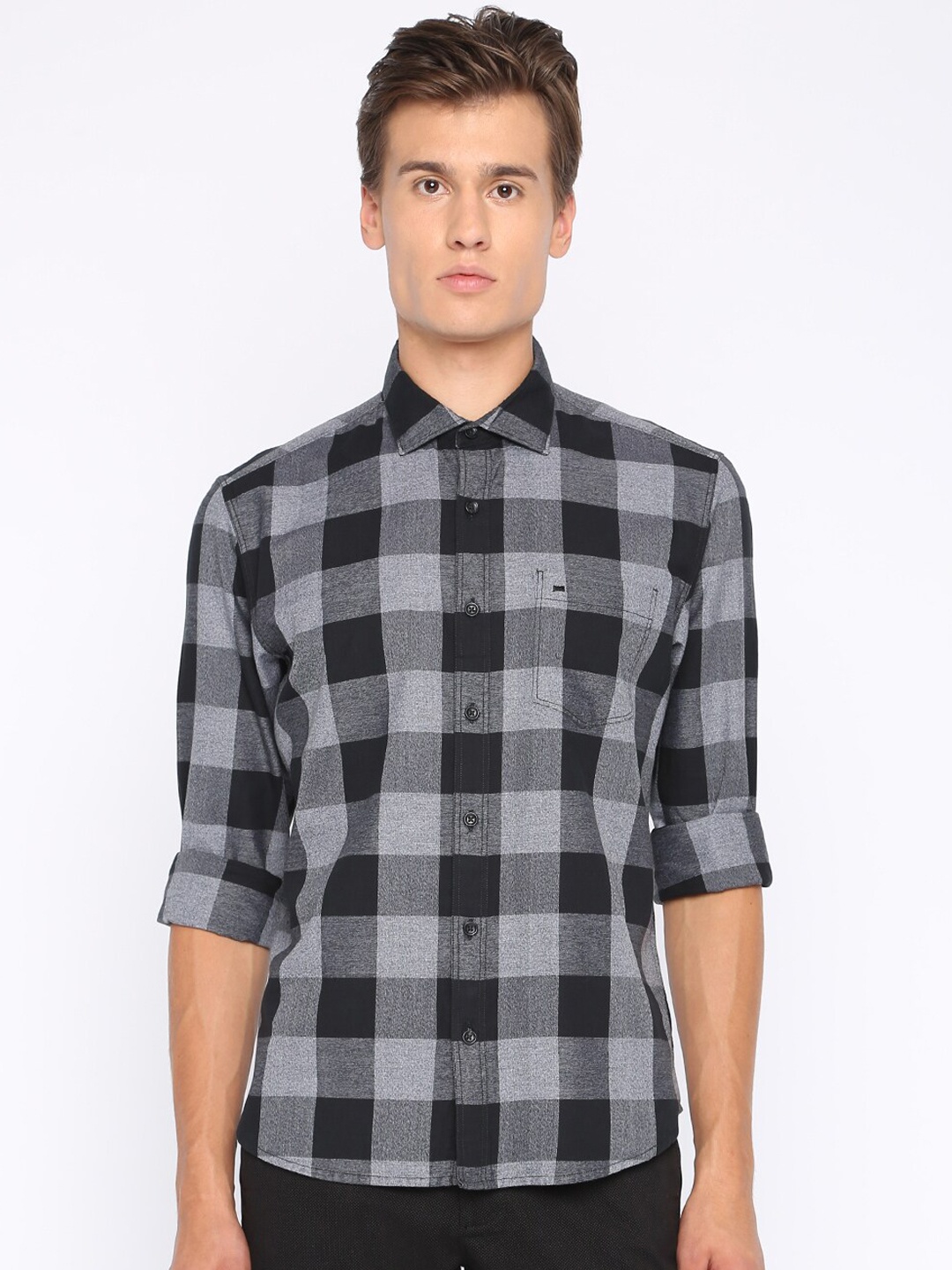 Basics Men Black & Grey Slim Fit Checked Casual Shirt