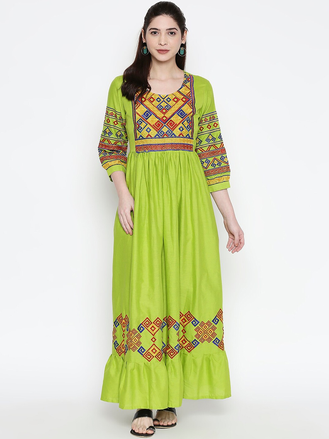 

ZRI Women Green Embroidered Maxi Ethnic Dress