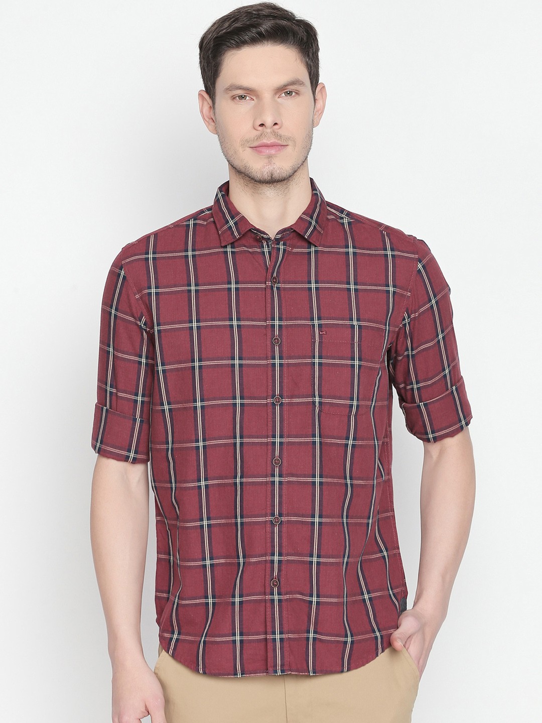 

Basics Men Red & Blue Slim Fit Checked Casual Shirt