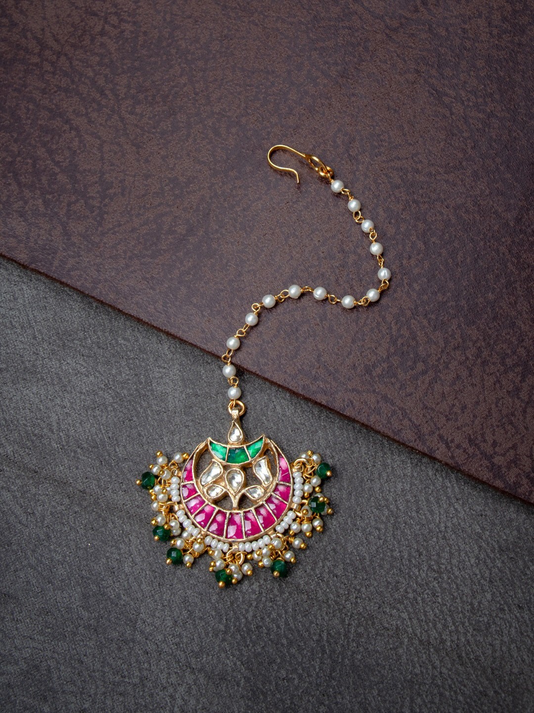 

MORKANTH JEWELLERY Gold-Plated Pink & Green Kundan-Studded Beaded Maang Tikka
