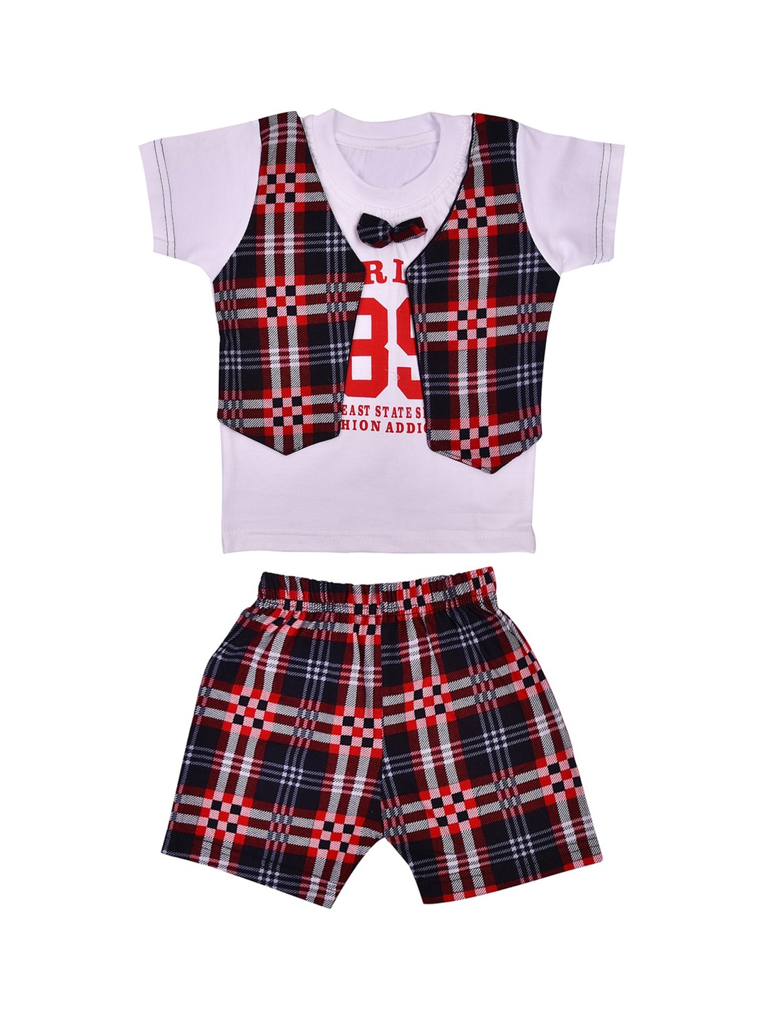

Wish Karo Infant Boys Red & White Printed T-shirt with Shorts & Waistcoat