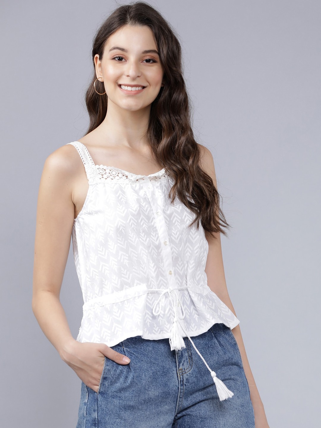 

Tokyo Talkies Women Off-White Embroidered Cinched Waist Top