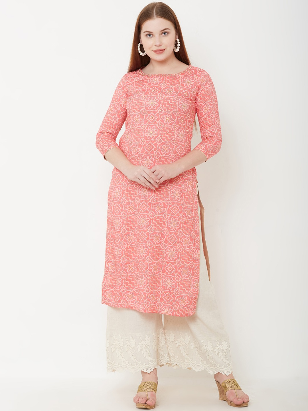 

FASHOR Women Peach-Coloured Printed Straight Kurta