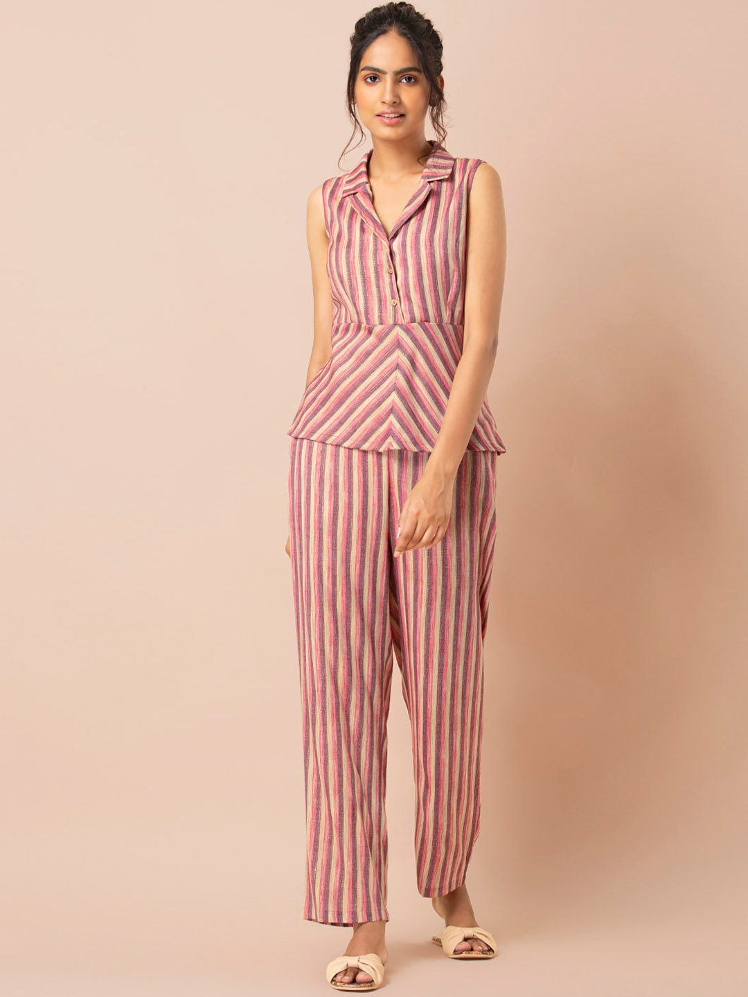 INDYA Women Pink & Purple Striped Top with Trousers Set