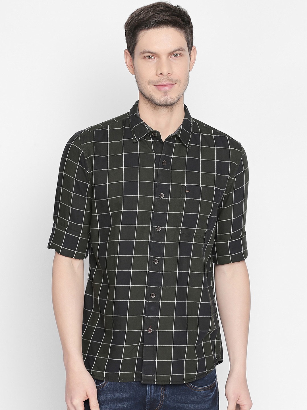 

Basics Men Olive Green & Black Slim Fit Checked Casual Shirt