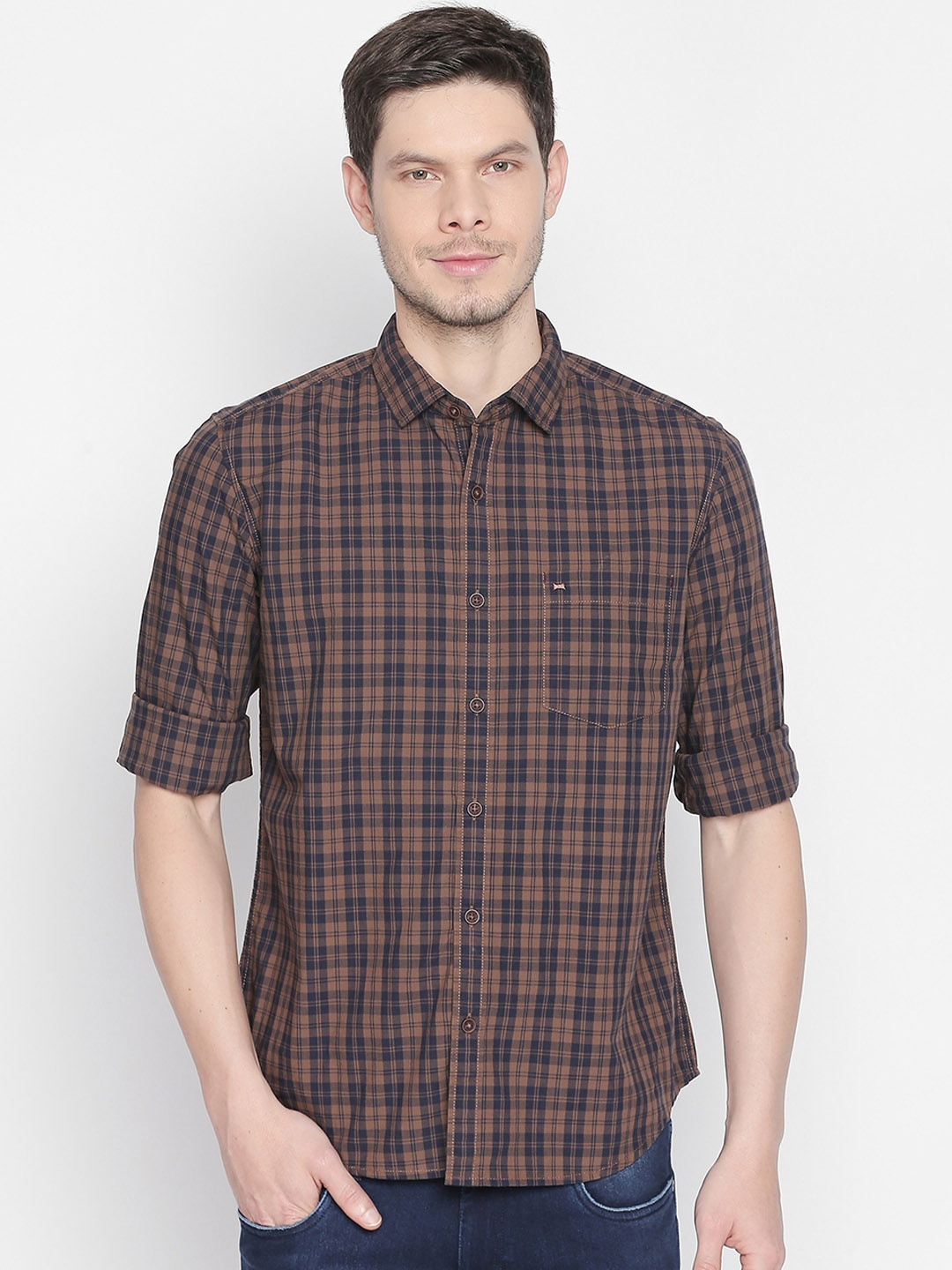 

Basics Men Brown & Navy Blue Slim Fit Checked Casual Shirt