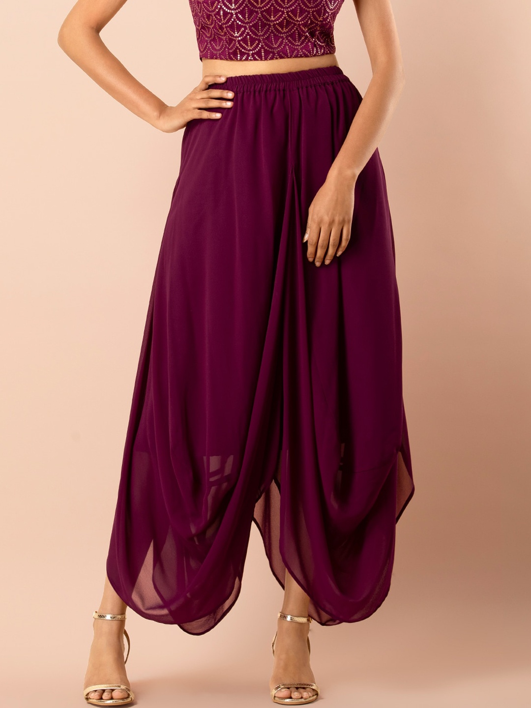 

INDYA Women Burgundy Loose Fit Solid Cowl Hem Pants