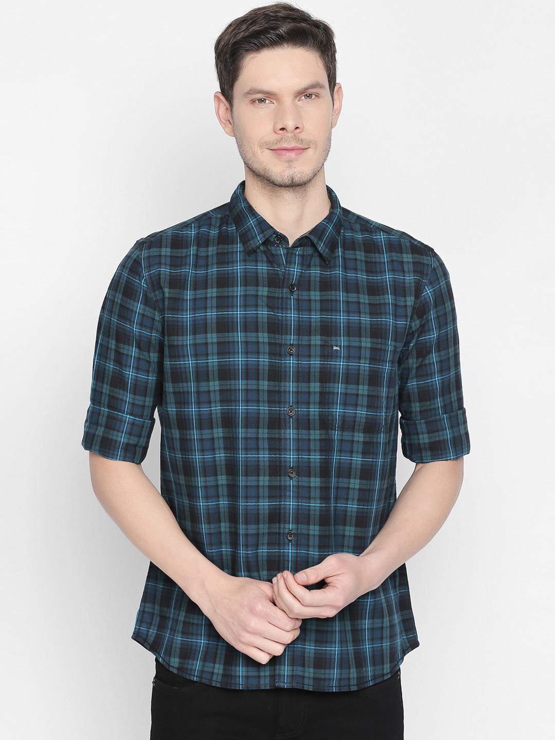 

Basics Men Navy Blue Slim Fit Checked Casual Shirt
