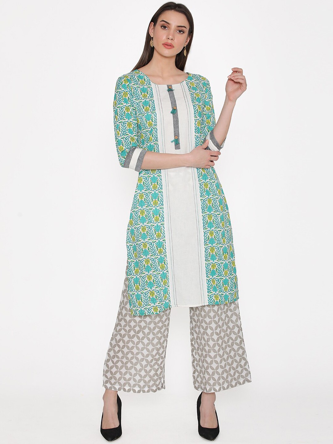 

Kifahari Women Green & White Printed Kurta with Palazzos