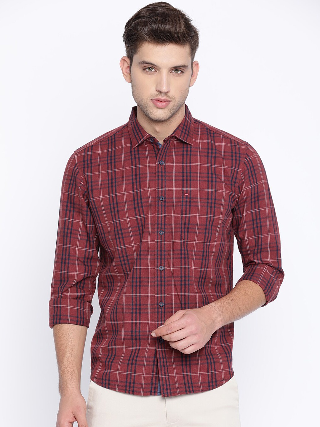 

Basics Men Red & Blue Slim Fit Checked Casual Shirt