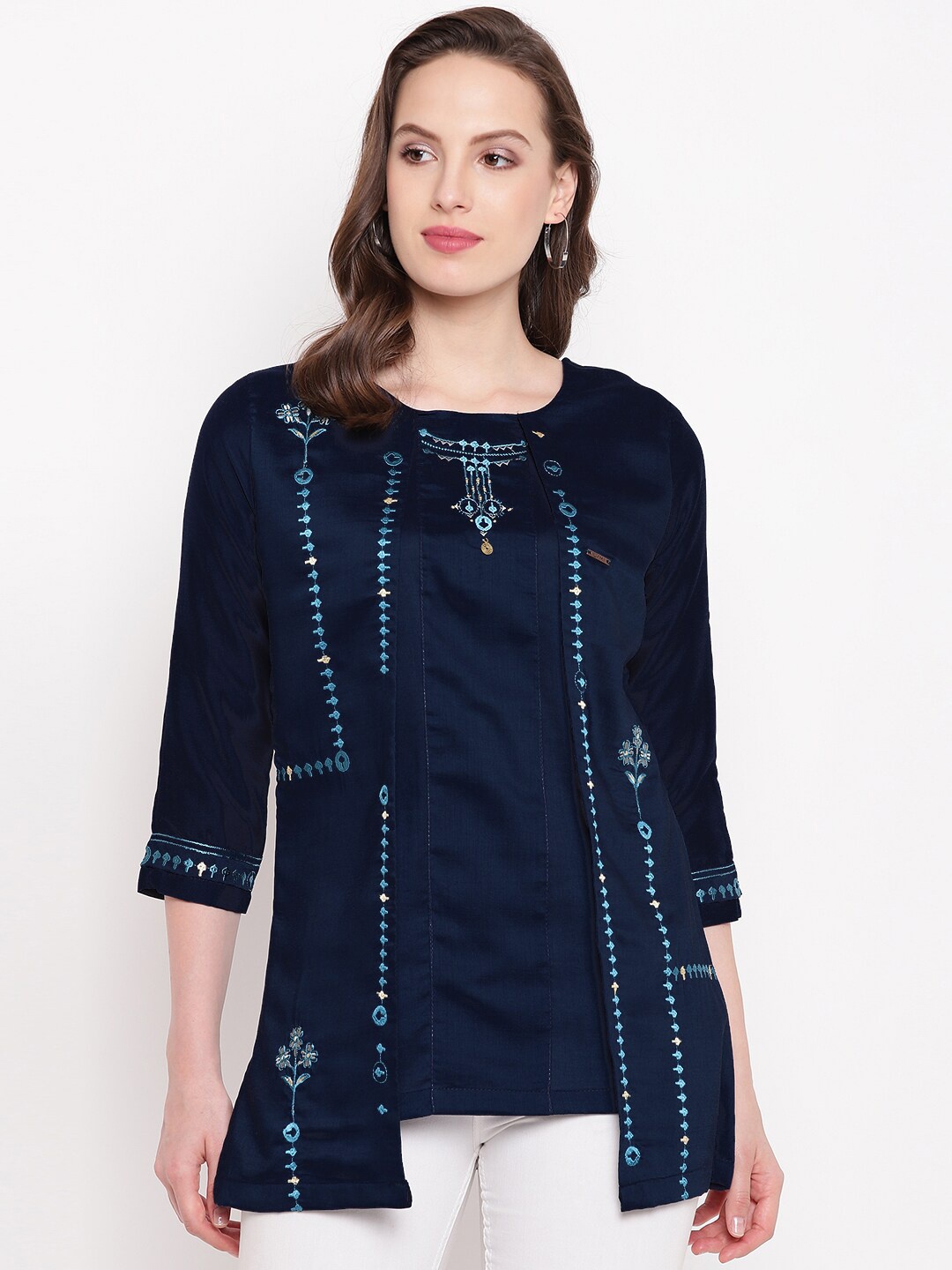 Kvsfab Women Blue Embroidered A-Line Kurti