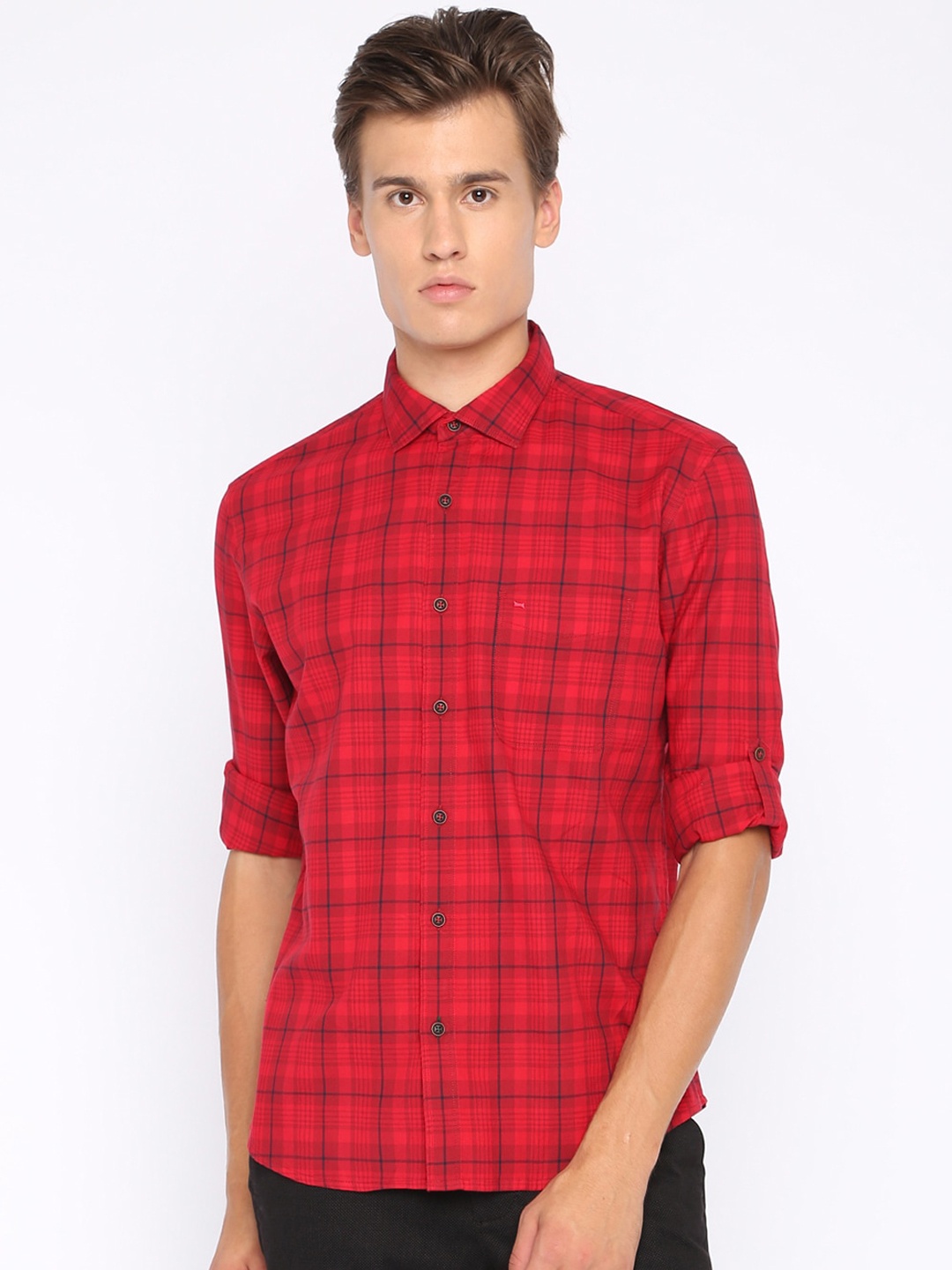 

Basics Men Red Slim Fit Checked Casual Shirt