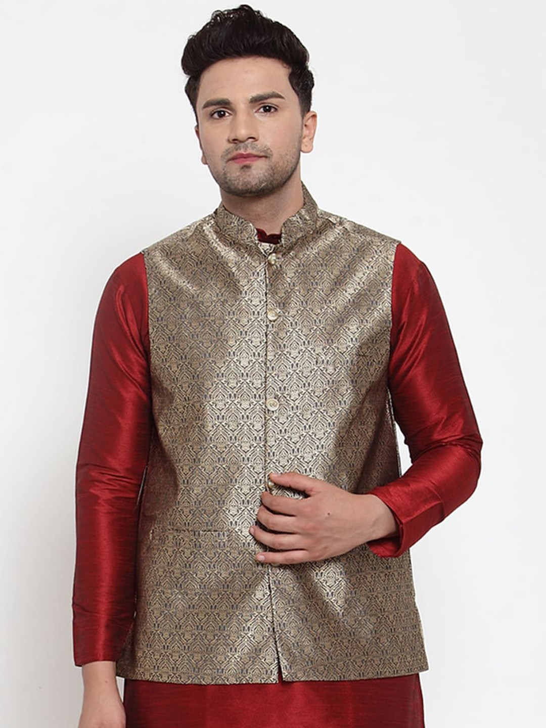 

Jompers Men Grey & Gold-Toned Woven Design Nehru Jacket
