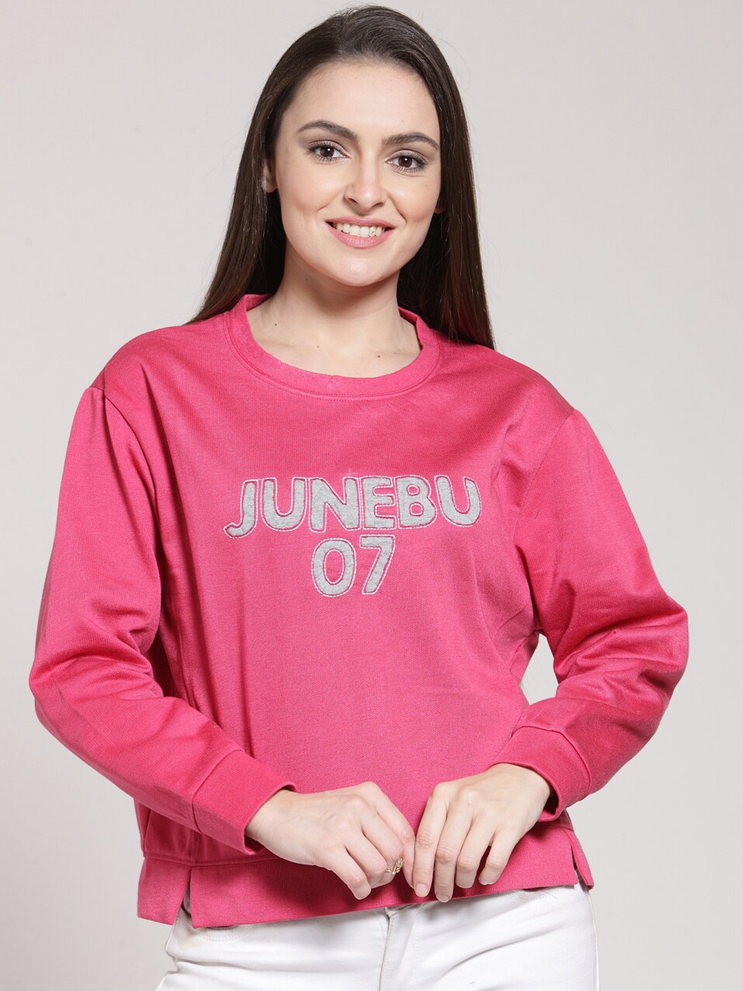 

plusS Women Pink & Grey Printed Pullover Sweatshirt