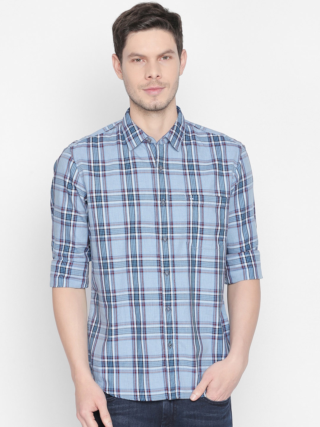 

Basics Men Blue Slim Fit Checked Casual Shirt
