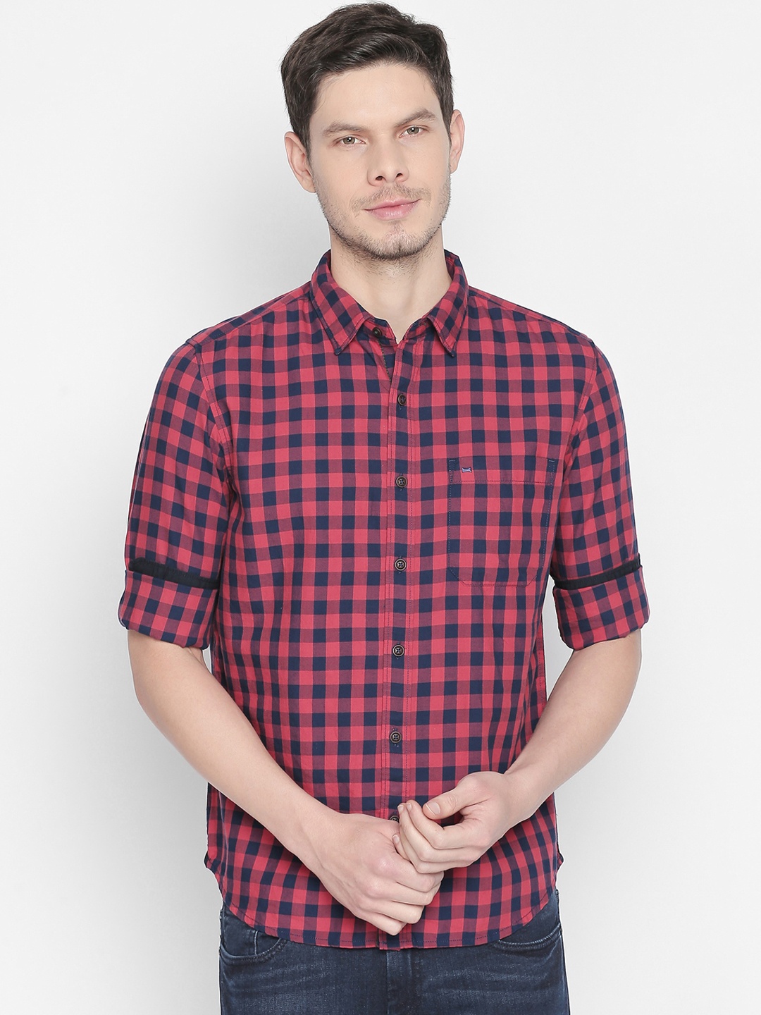 

Basics Men Red & Blue Slim Fit Checked Casual Shirt