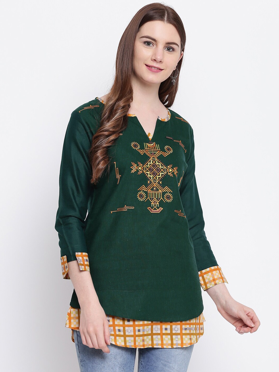 

Kvsfab Women Green & Yellow Embroidered A-Line Kurti