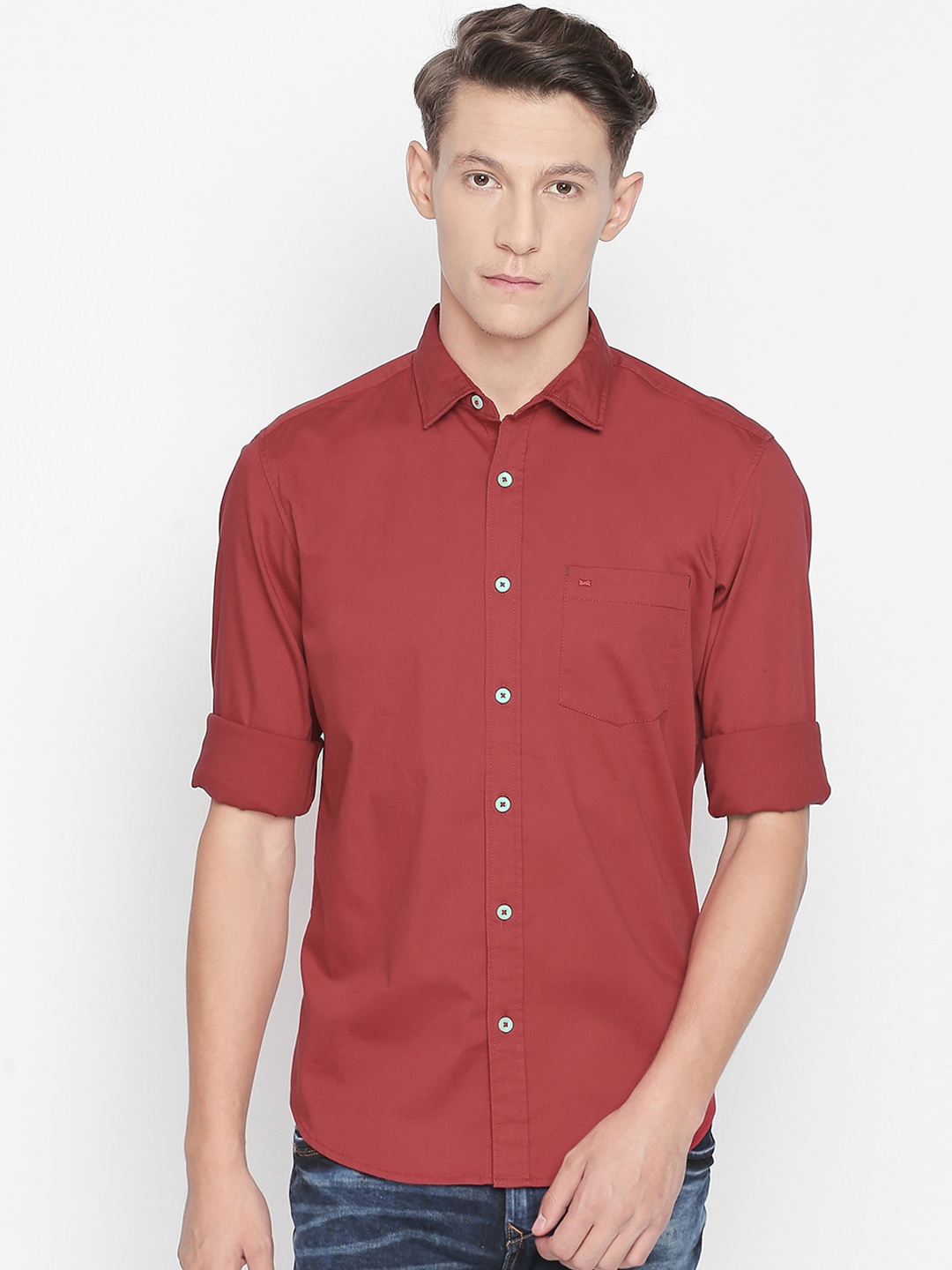 

Basics Men Rust Red Slim Fit Solid Casual Shirt