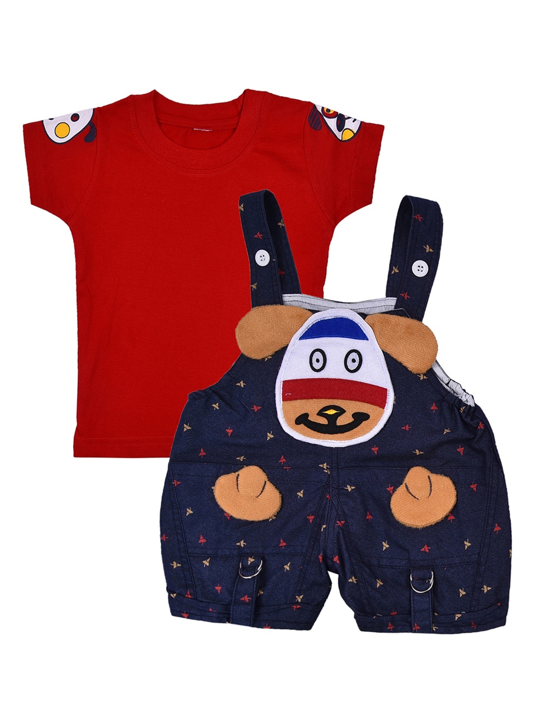 

Wish Karo Infant Kids Blue & Red Applique Dungaree With T-Shirt