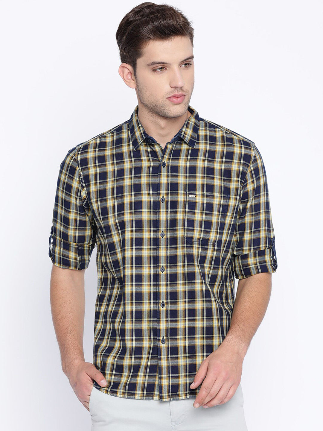 

Basics Men Yellow & Navy Blue Slim Fit Checked Twill Casual Shirt