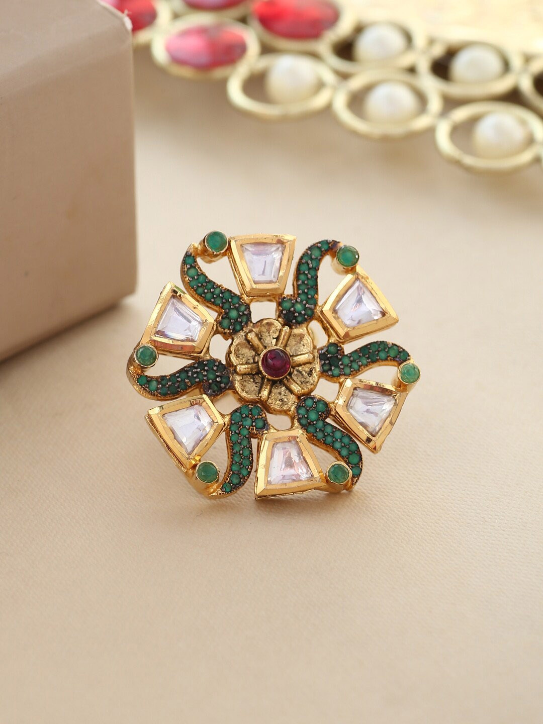 

Tistabene Gold-Plated White & Green Kundan & AD-Studded Traditional Adjustable Finger Ring