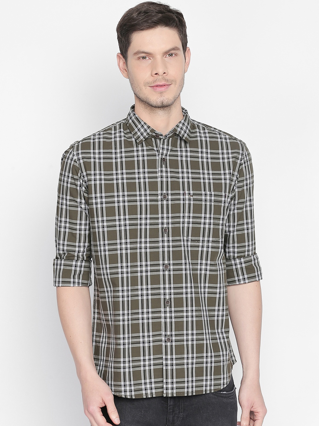 

Basics Men Olive Green & White Slim Fit Checked Casual Shirt