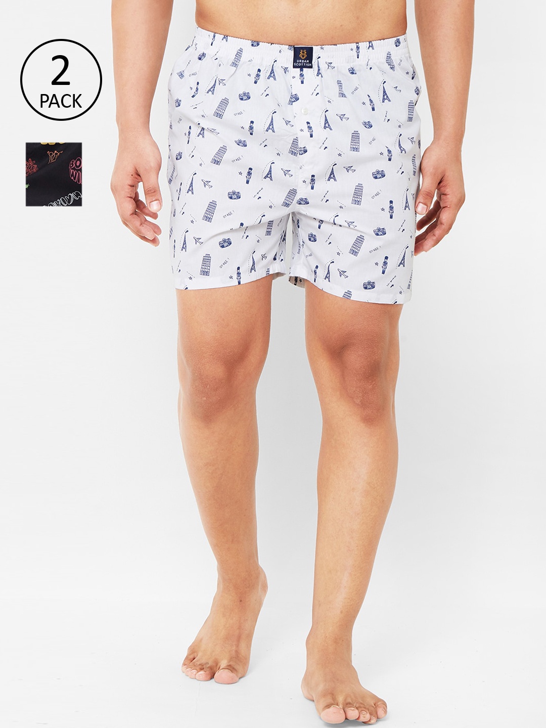 

URBAN SCOTTISH Men Pack of 2 Printed Pure Cotton Boxers USBX2042-S, White