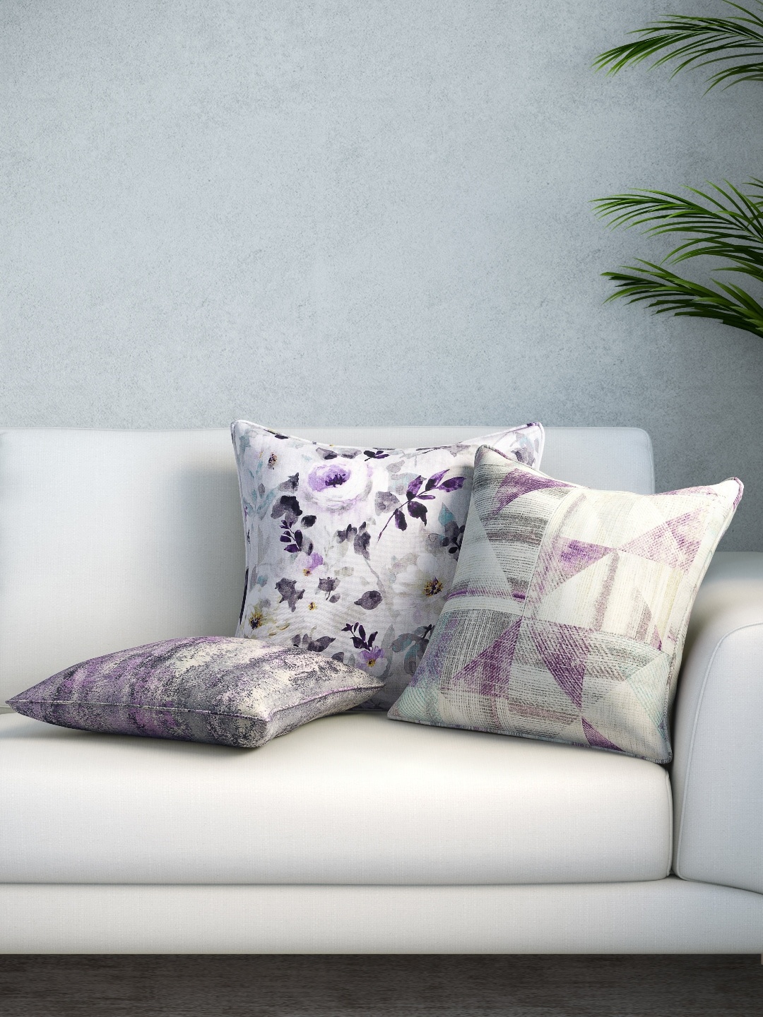 

DDecor Purple & White Set of 3 Printed Square Cushion Covers